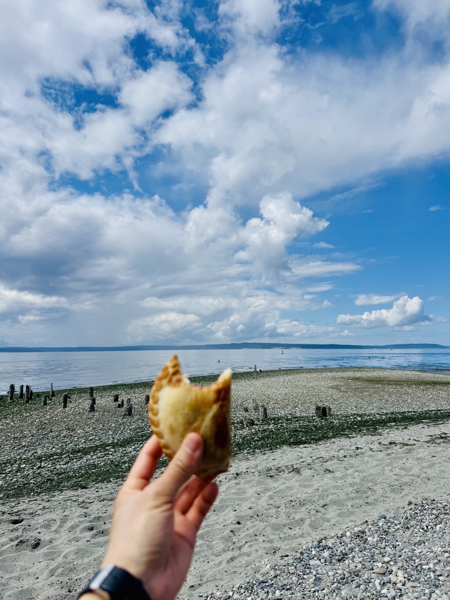 A bite of sweet empanada held up against the sea and sky at Golden Gardens Beach.