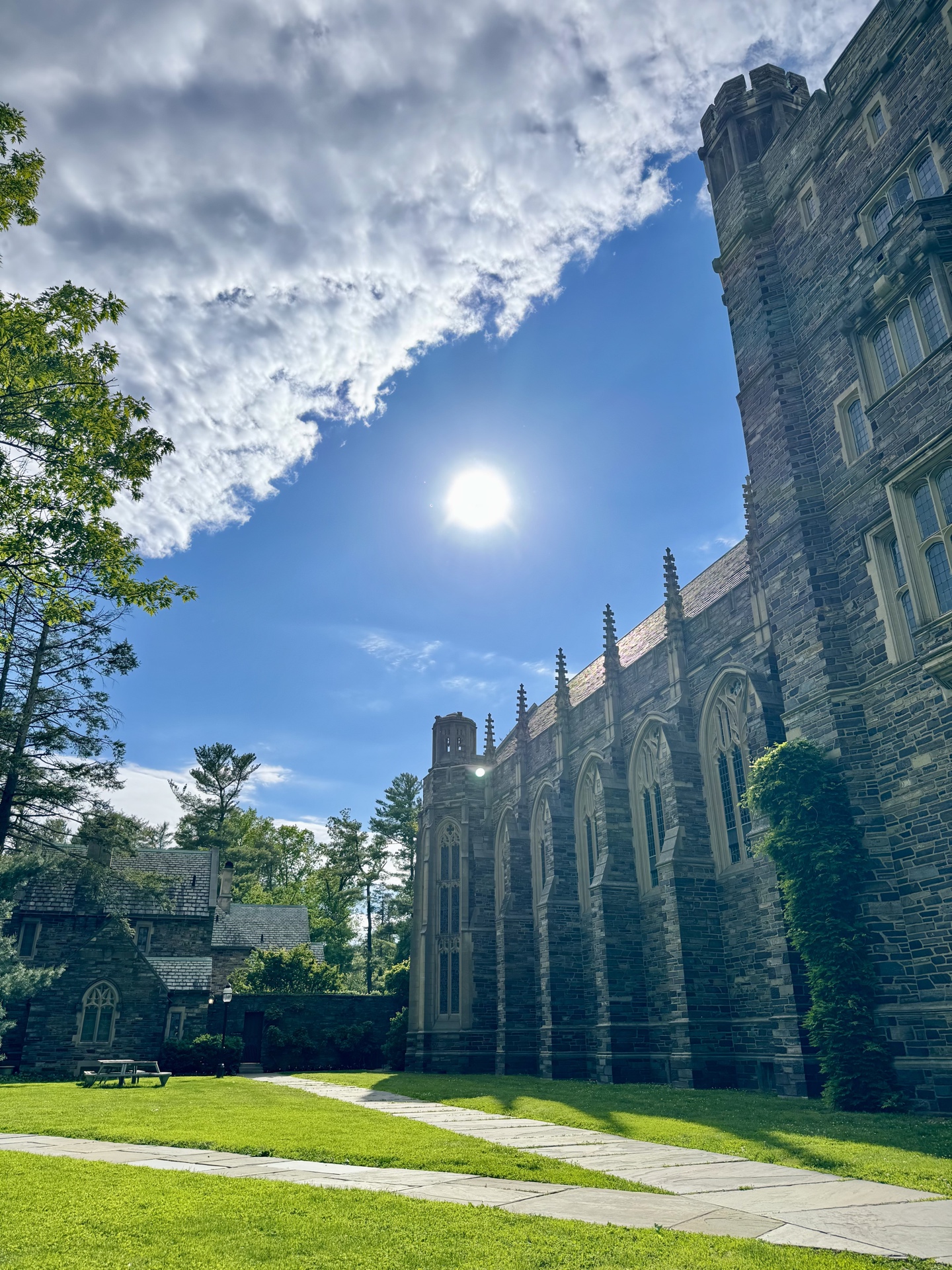 Afternoon sunlight over stone buildings and a green courtyard at Princeton.
